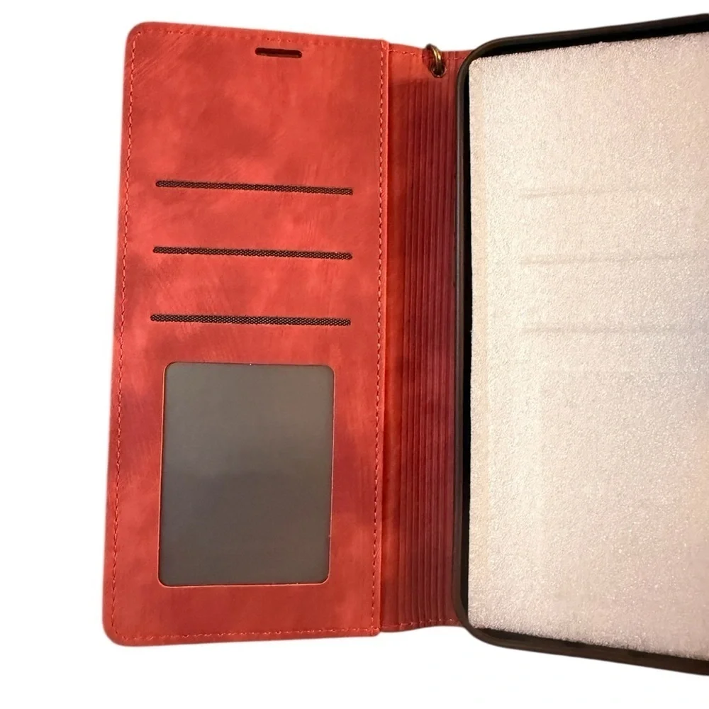 NWOT Elegant Red Embossed Women's Flower Faux Leather Flip Wallet IPhone Case